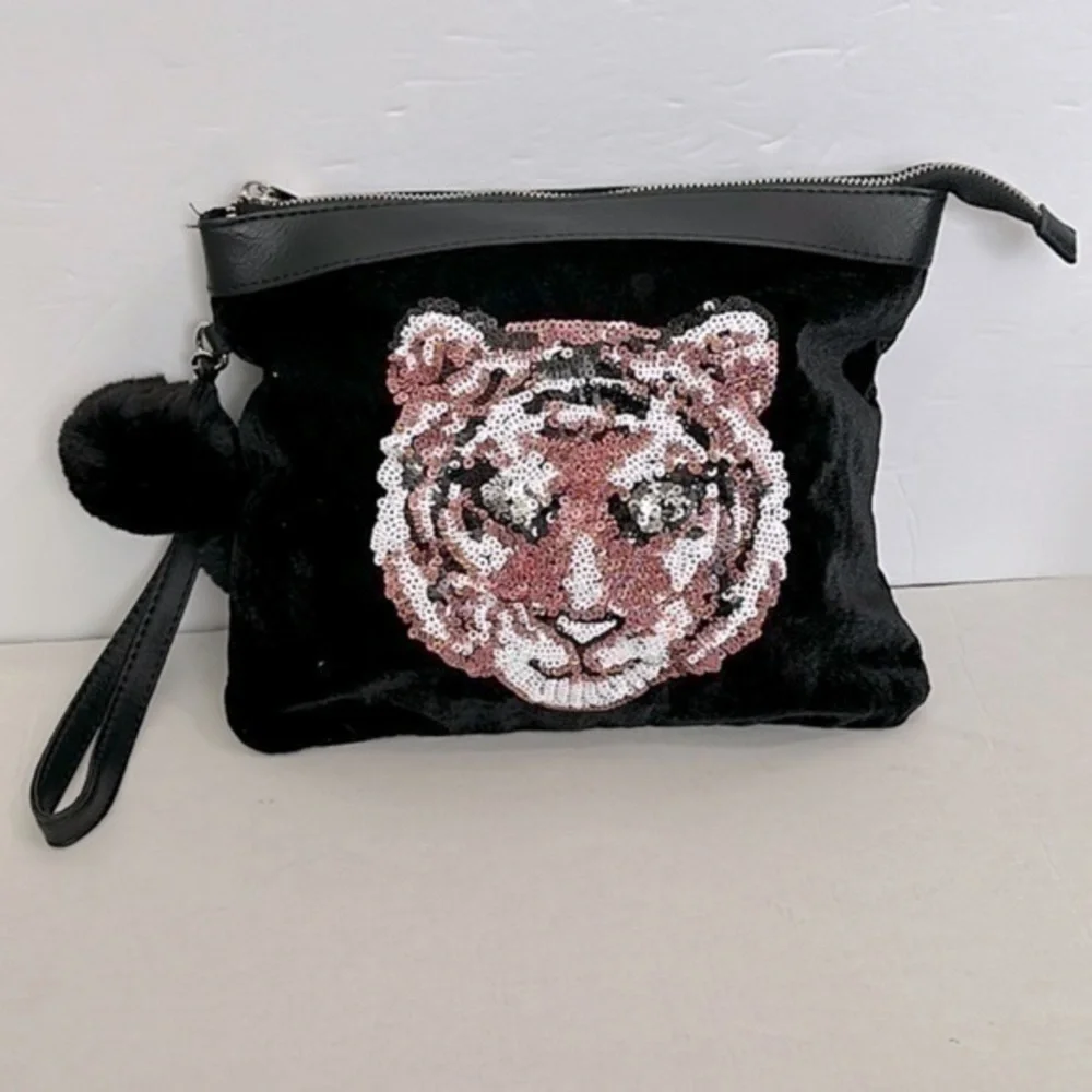CUTE Y2K LARGE SEQUIN TIGER BLACK POMPOM MINI PURSE tiger AESTHETIC